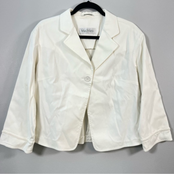 MaxMara Cream Blazer Sz. 8 Notched Lapel Cropped Button Cotton Braid Trim Cuff - Picture 1 of 10